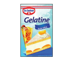 Packet of Dr. Oetker Gelatine featuring images of fruit jelly and a cake with cream and fruit layers, labelled "Gold extra."