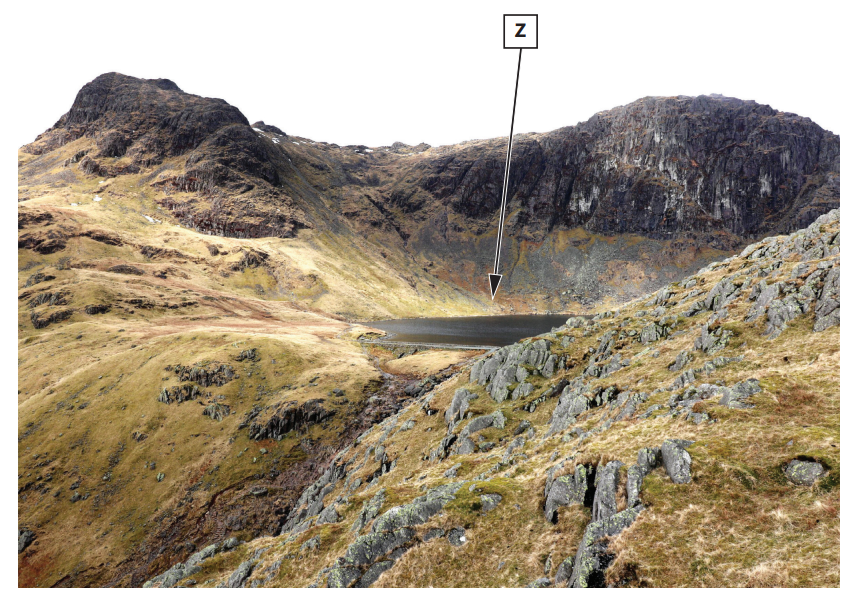 Mountainous landscape with rocky hills and a small lake in a valley. An arrow points to the lake, labelled "Z." The terrain is grassy and rugged.