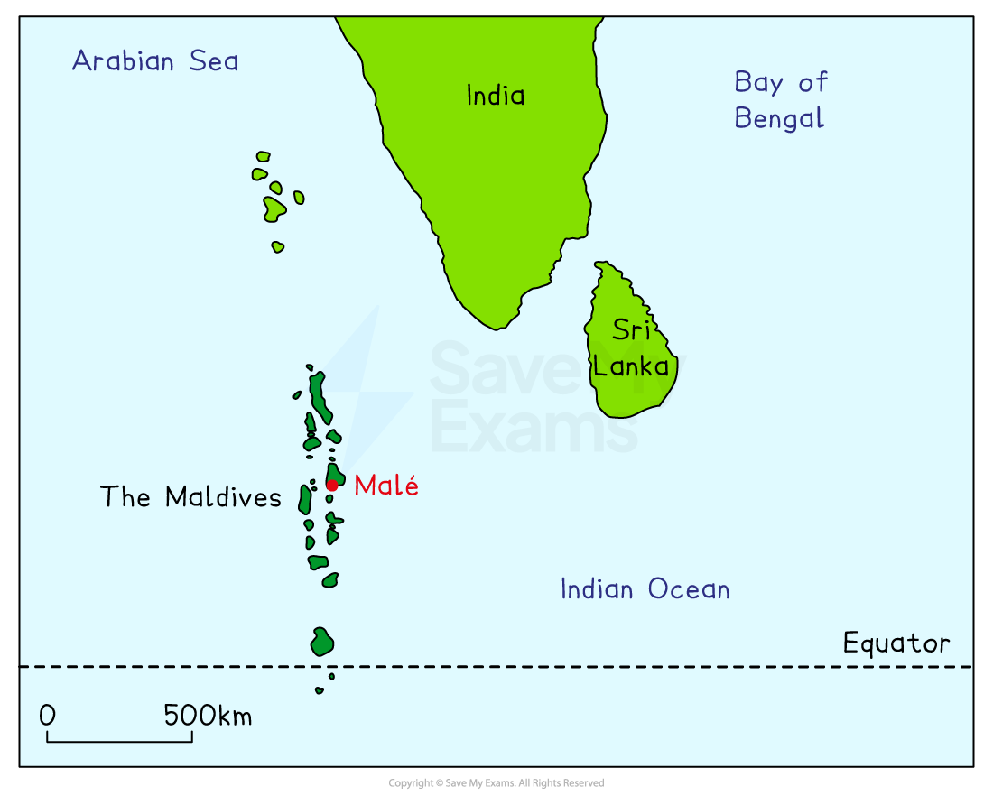 Map showing the Maldives, marked with Malé, between the Arabian Sea and Bay of Bengal, near India and Sri Lanka, south of the Equator.
