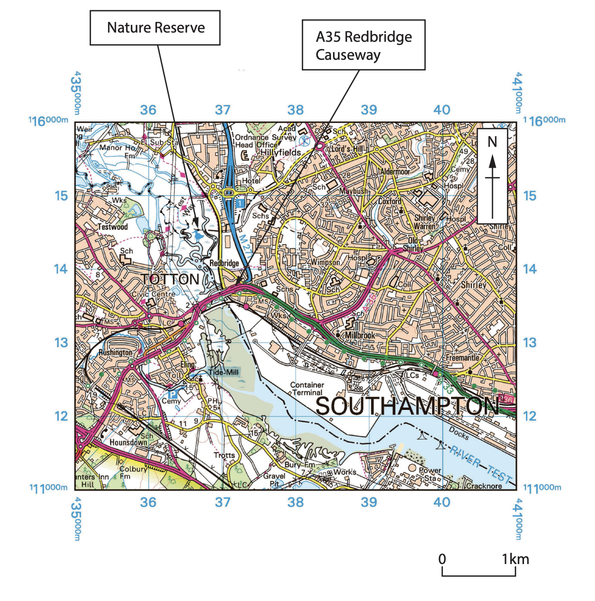 Ordnance Survey map extract of the area around the A35 Redbridge Causeway
