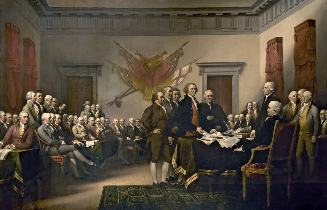 An oil painting by John Trumbill depicting the US declaration of independence