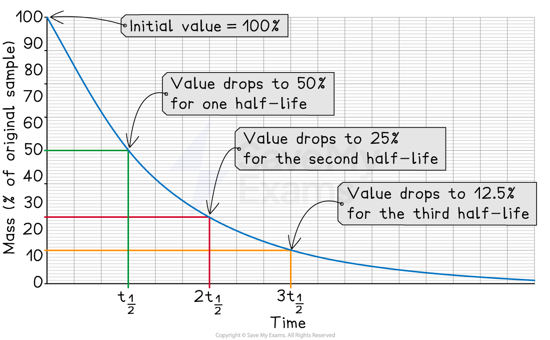 Graph showing exponential decay of a sample's mass over time, with annotations marking half-life decreases to 50%, 25%, and 12.5%.