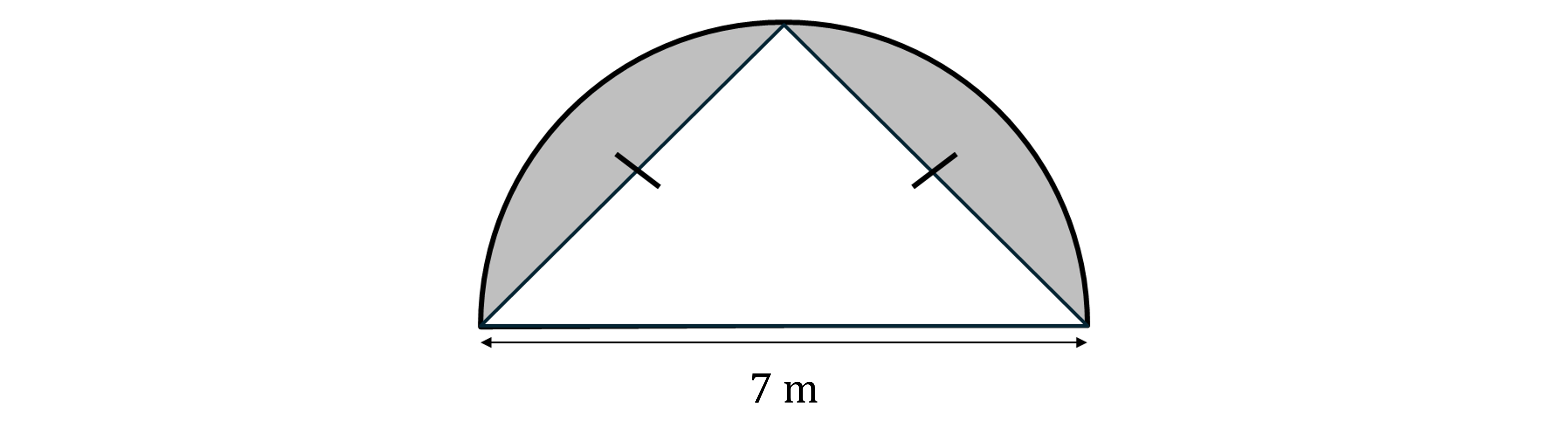 Half-circle with inscribed isosceles triangle on a 7m base. Identical sides of triangle shown with equal marks, shaded semicircle area above.