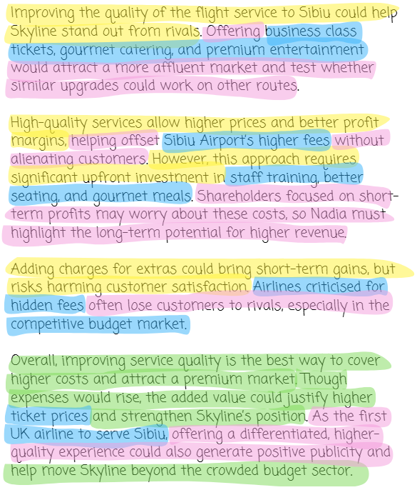 Highlighted text discussing Skyline's flight service improvements to Sibiu, focusing on quality, customer satisfaction, and market positioning.