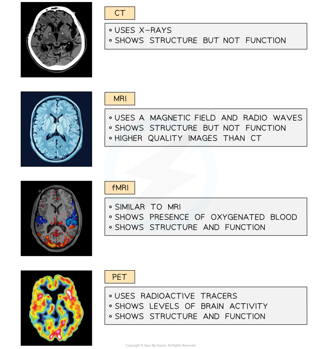 Diagram comparing brain imaging techniques: CT (uses X-rays, shows structure), MRI (magnetic field, higher quality), fMRI (oxygenated blood), PET (radioactive tracers).