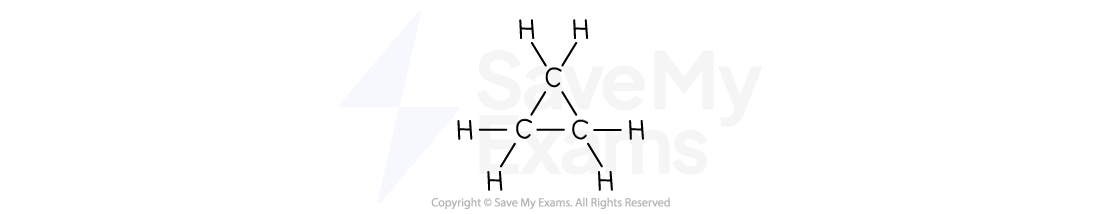 Structural diagram of cyclopropane molecule with three carbon atoms connected in a ring, each bonded to hydrogen atoms denoted by 'H' around them.