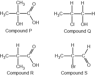 Chemical structures labeled compounds P (CH3C(CH3)OHCOOH), Q (CH3CHClCH2OH), R (CH3C(CH3)HCOOH), and S (CH3CHBrCHO).
