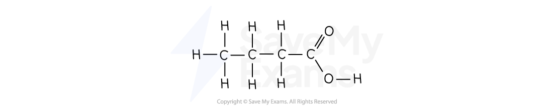 Structural formula of butanoic acid, showing a four-carbon chain with the carboxylic acid group (COOH) at one end, and hydrogen atoms attached.
