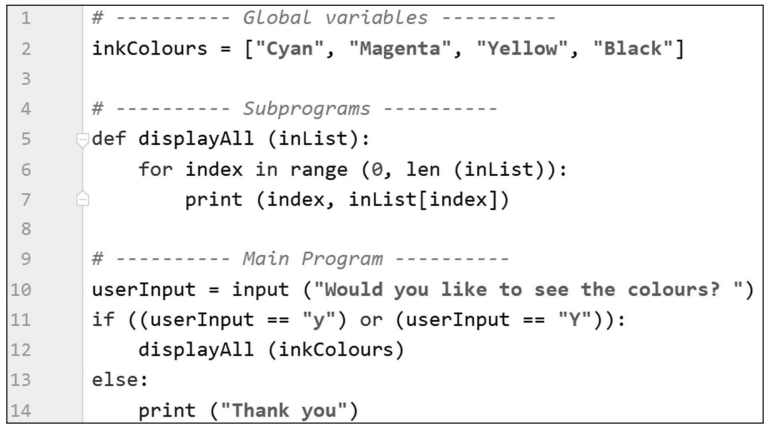 Python code defines ink colours, prompts user input to display colours, and prints index with colour names if input is "y" or "Y", else says "Thank you".
