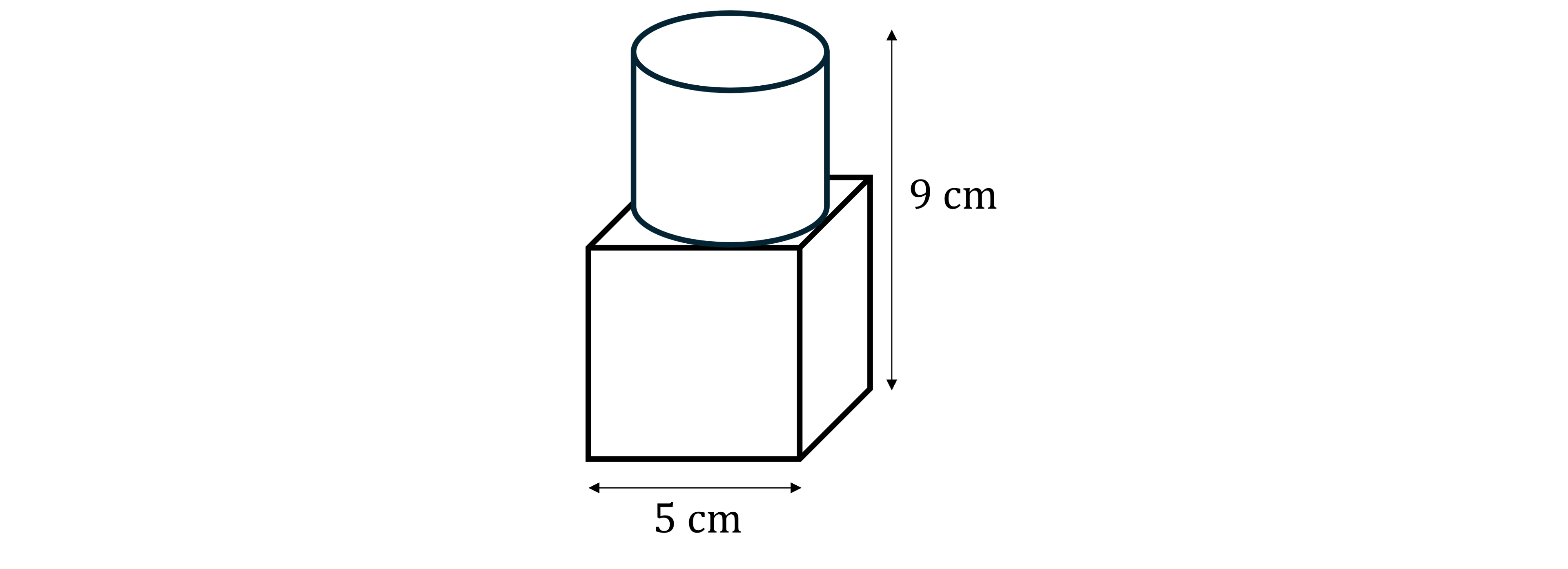 Cylinder on a cube; cylinder height 9 cm, cube side length 5 cm. Arrows indicate measurements, cube base is aligned horizontally.