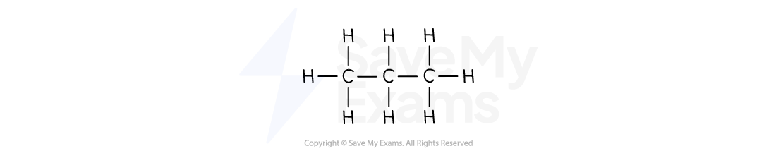 Structural diagram of propane with three carbon atoms single-bonded linearly and eight hydrogen atoms bonded to the carbons.