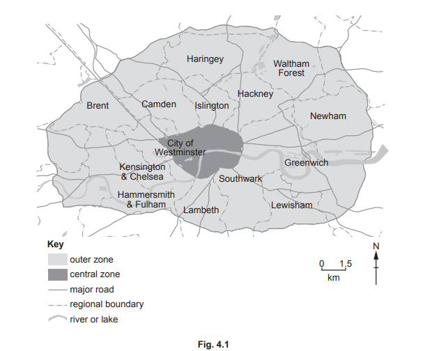 Map showing London districts, highlighting central (darker area) and outer zones with major roads. Key included, north indicated. Scale: 0-1.5 km.