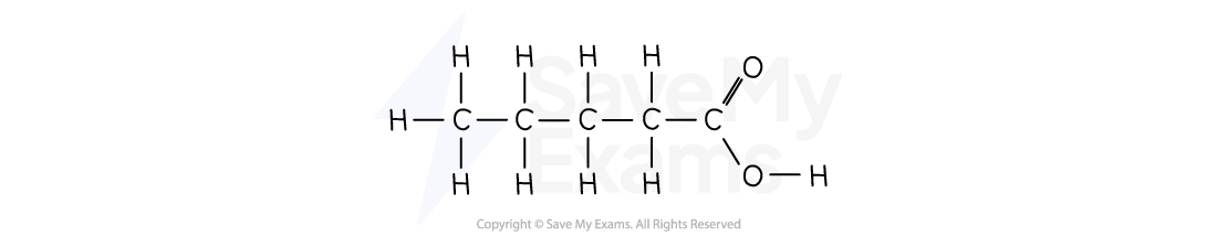 Full structural formula of pentanoic acid with a five-carbon chain and a carboxylic acid group at one end, shown as COOH.