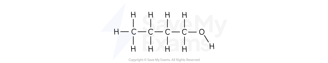 Structural formula of butan-1-ol shows four carbon atoms bonded to hydrogen atoms, one oxygen atom, and an additional hydrogen.