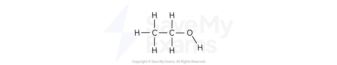 Chemical structure of ethanol: two carbon atoms single-bonded, with five hydrogens and one oxygen bonded to an additional hydrogen.