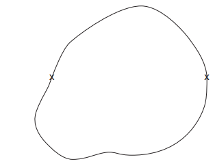 Irregular closed loop with two small crosses marked along the curve on a white background.