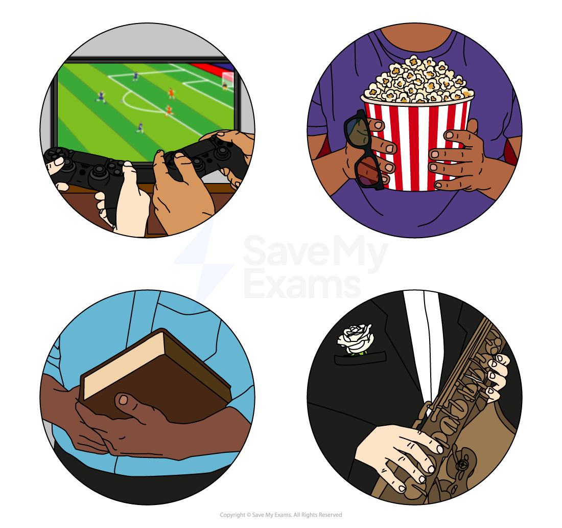 Four circular images show: gaming with controllers, holding popcorn and 3D glasses, a person reading a book, and playing a saxophone in a suit.