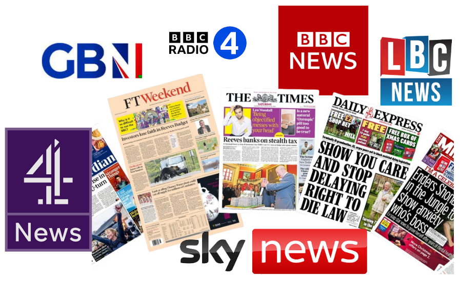 Collage of UK media logos and newspaper front pages including BBC News, Sky News, FT Weekend, The Times, Daily Express, LBC, and Channel 4 News.