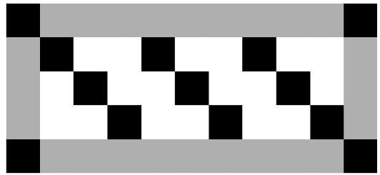 Optical illusion with two dark diagonal bars on grey, crossed by vertical black and white squares, creating a zigzag pattern effect.
