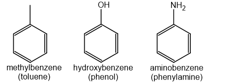 Chemical structures of methylbenzene (toluene), hydroxybenzene (phenol), and aminobenzene (phenylamine), each with a benzene ring and functional group.