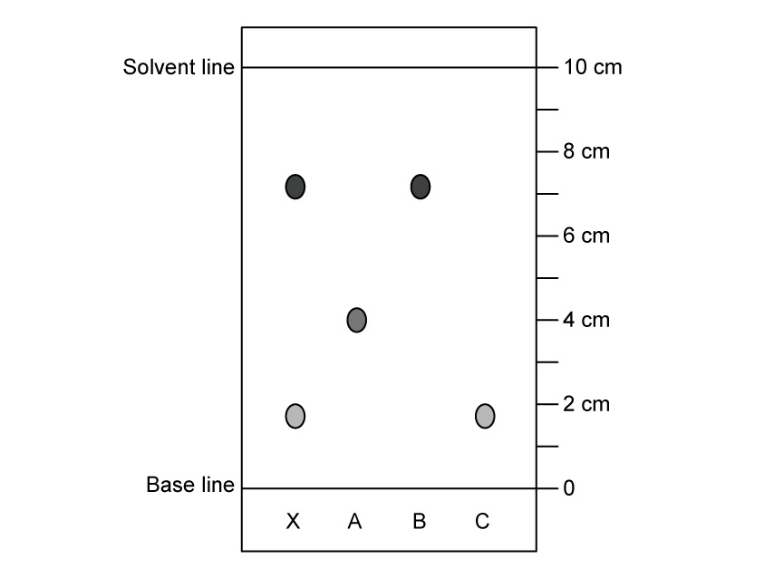 Chromatography paper with a base line at 0 cm and solvent line at 10 cm. Dots labelled X, A, B, C at various heights, indicating substance separation.