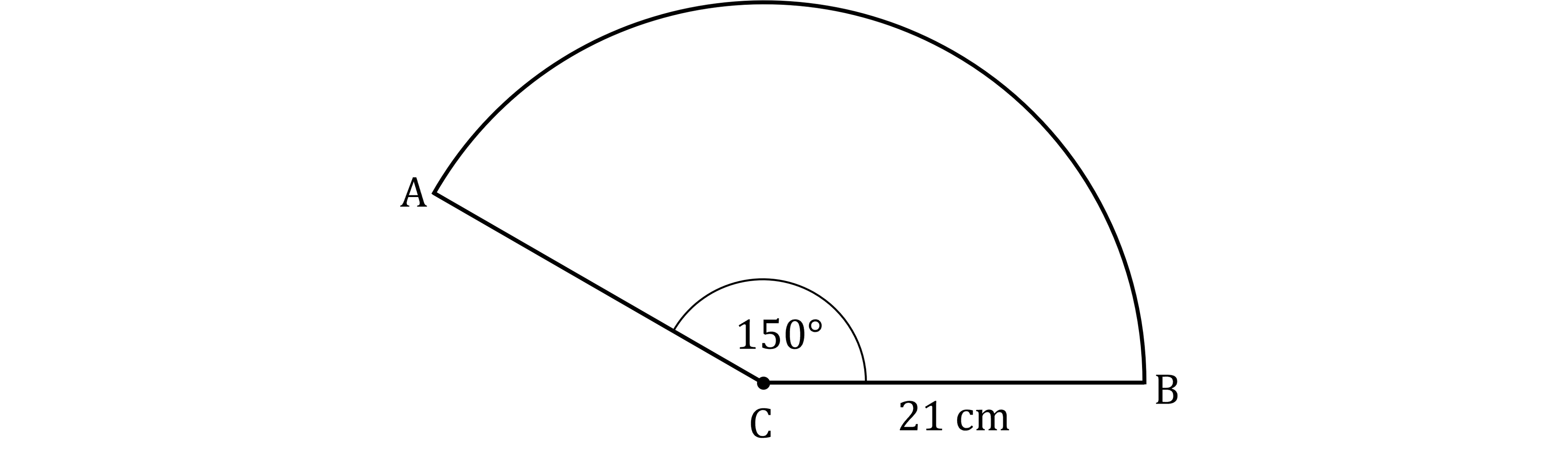 A circle sector with centre C, angle 150 degrees, and radius measuring 21 cm. Points A and B mark the ends of the sector's arc.