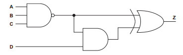 Logic circuit diagram featuring a three-input NAND gate, a two-input AND gate, a two-input OR gate, and four inputs labelled A, B, C, D leading to output Z.