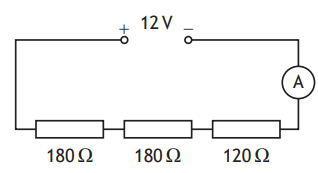 Circuit diagram with three resistors: two 180 ohm and one 120 ohm, connected in series to a 12V battery, with an ammeter included.