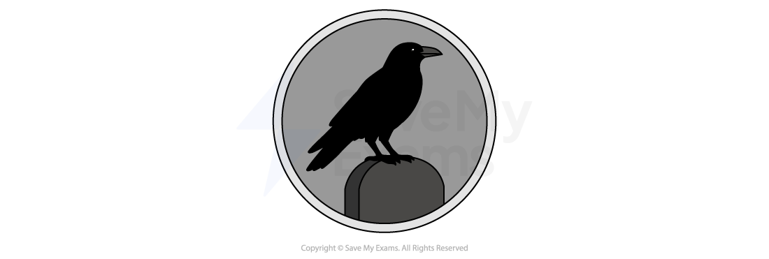 Silhouette of a crow perched on a rounded stone, enclosed in a grey circular background with a thin border.