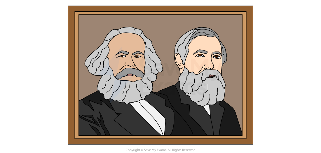 Framed illustration of two older men with grey beards, wearing dark suits, posing side by side on a brown background.