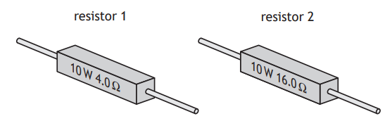 Two rectangular resistors labelled "resistor 1" and "resistor 2" with values 10W 4.0Ω and 10W 16.0Ω respectively, featuring extending wires.