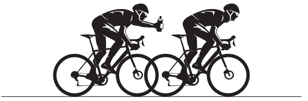 Two cyclists in a race, wearing helmets. The rear cyclist reaches forward with a water bottle while maintaining balance on the bike.