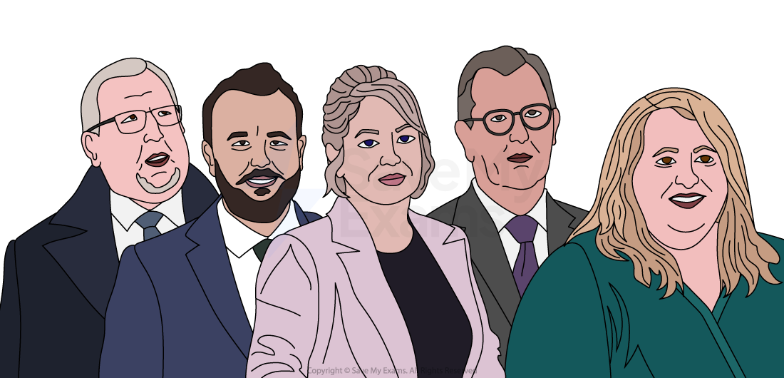 Illustration of five adults in formal attire, showing diverse individuals with varied expressions and hairstyles against a plain white background.