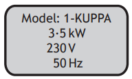 Label with rounded corners reads: "Model: 1-KUPPA, 3.5 kW, 230 V, 50 Hz" indicating power specifications.