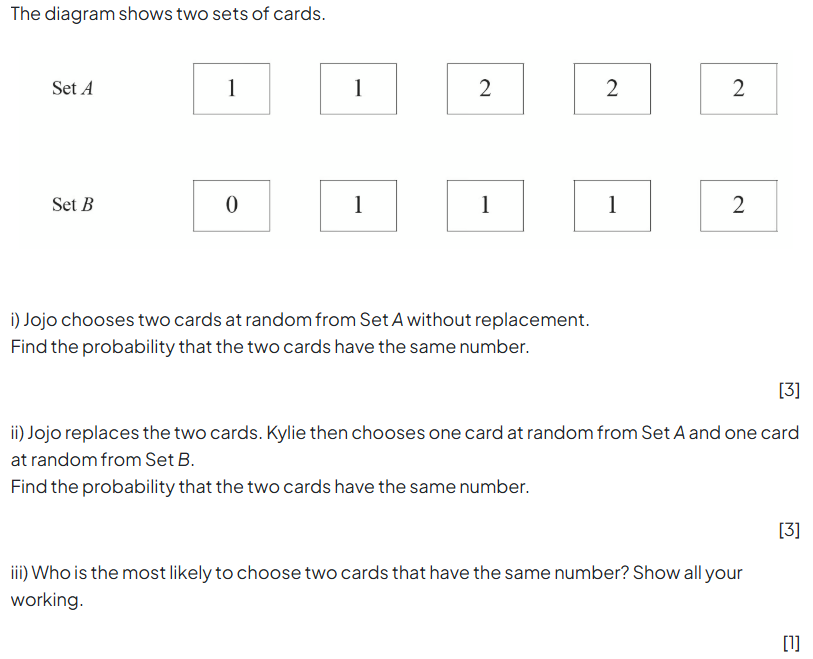 Diagram with two card sets: Set A has three 1s and three 2s; Set B has one 0, three 1s, one 2. Maths problems about choosing cards follow.