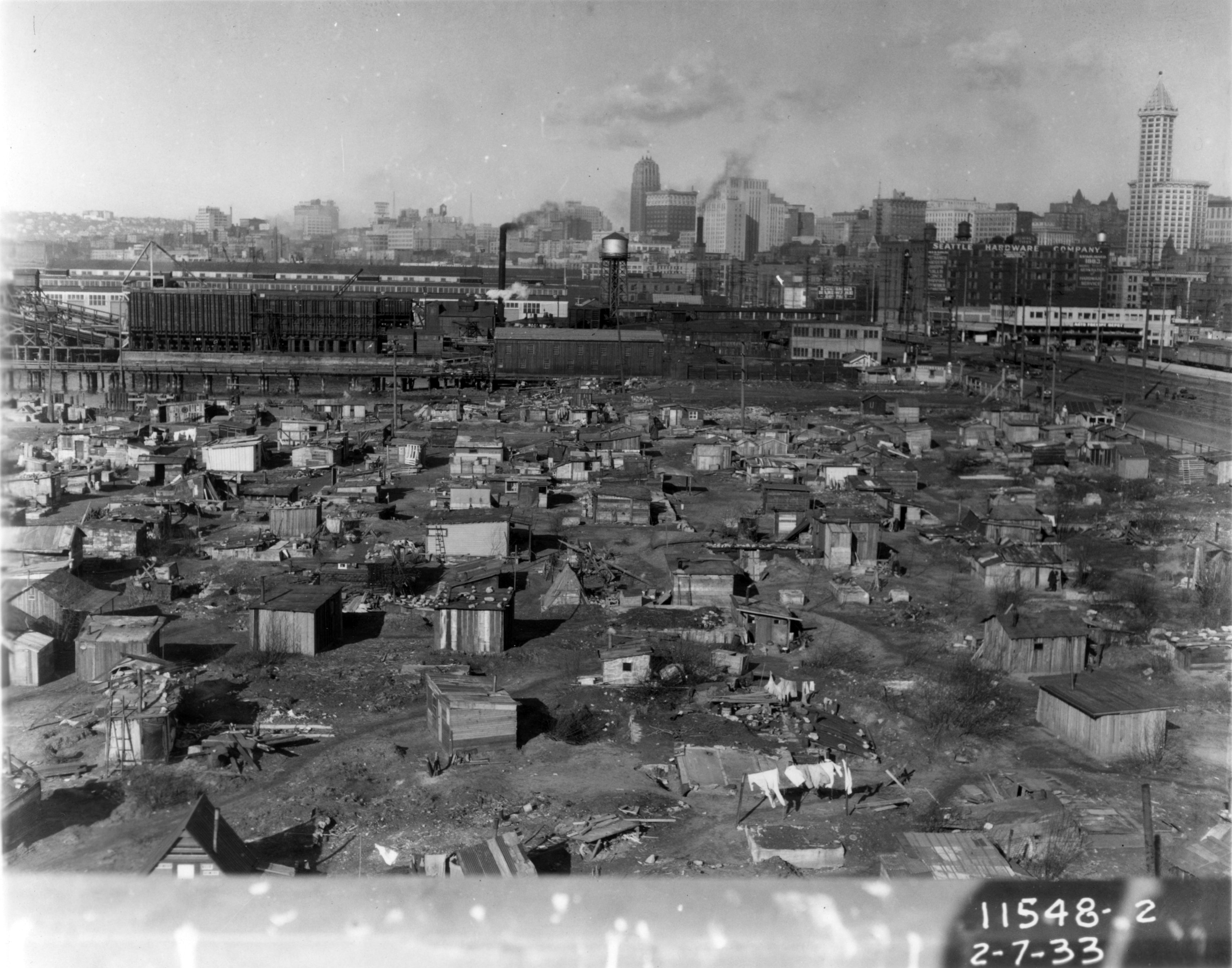 A photograph of a Hooverville in Seattle