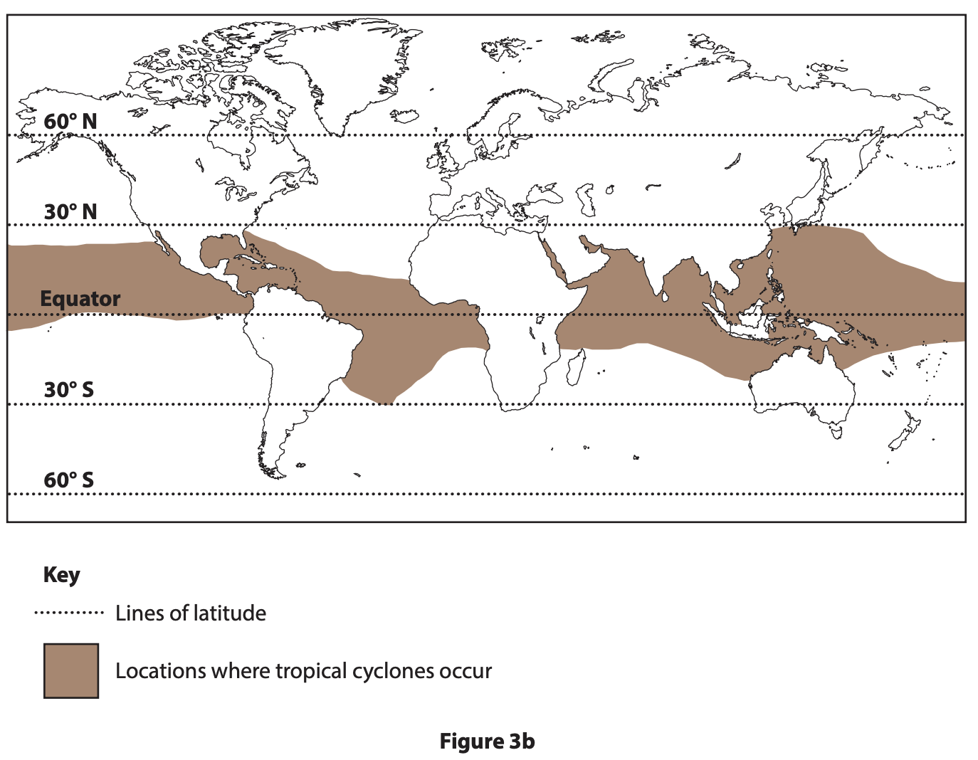 World map showing areas prone to tropical cyclones in brown, spanning regions around the Equator. Key indicates latitude lines and cyclone zones.