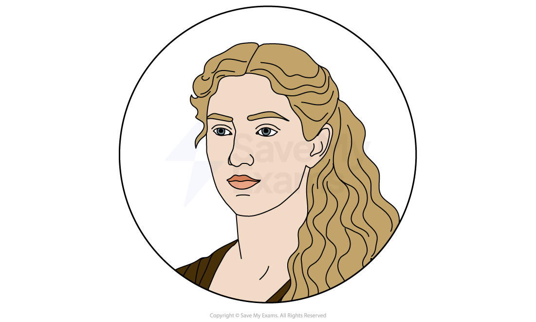Illustrated portrait of a woman with long, wavy blonde hair, wearing a brown robe, set within a circular frame on a white background.