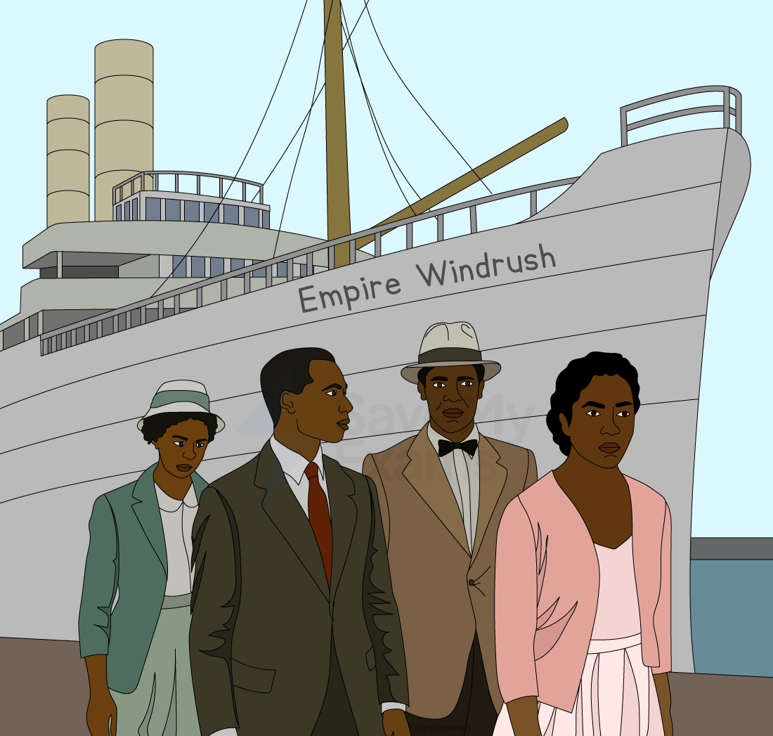 Four people wearing formal 1940s attire stand in front of a large ship named "Empire Windrush," indicating a historic migration scene.