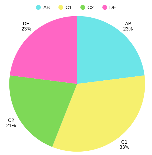 Pie chart showing segments: C1 33% yellow, AB 23% blue, DE 23% pink, C2 21% green. Colour-coded key above for categories AB, C1, C2, DE.