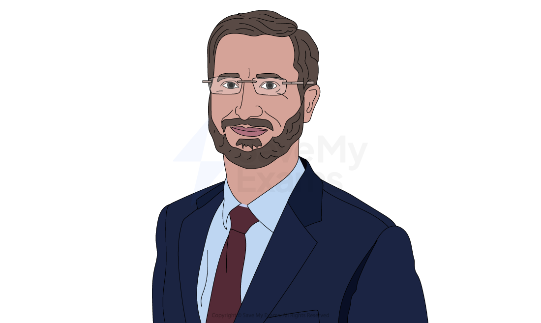 Illustration of a man with short brown hair and a beard, wearing glasses, a navy suit, light blue shirt, and red tie, smiling slightly.
