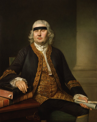 Painting of a seated man in 18th-century attire with white hair. He holds a scroll and rests against a table with books, in front of a dark background.