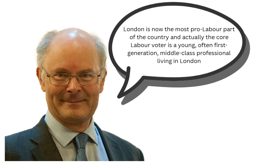 Smiling man in glasses, suit, and tie with a speech bubble stating that young, middle-class professionals in London are core Labour voters.