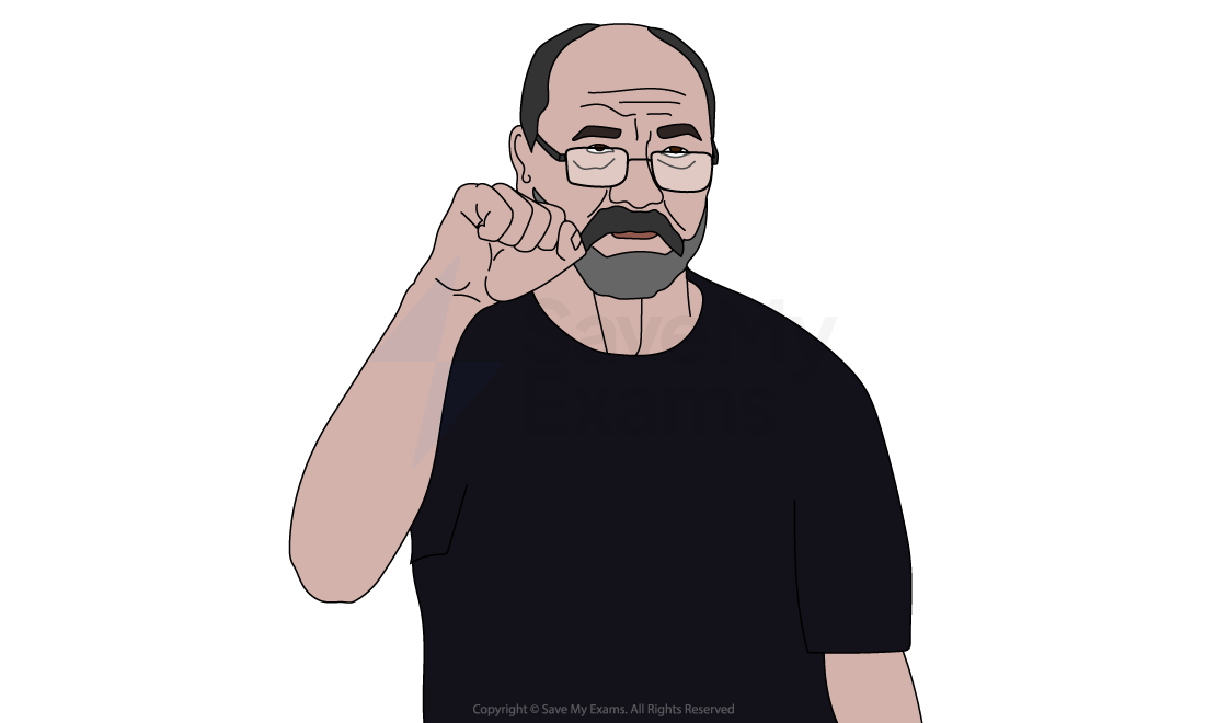 Illustration of a bald man with glasses and a beard, wearing a black shirt, gesturing with his fist near his mouth against a white background.