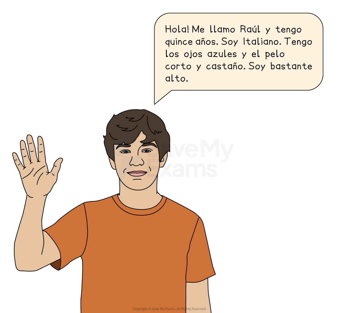 Illustration of a young man in an orange shirt waving, with a speech bubble introducing himself in Spanish as Raúl, a 15-year-old Italian with blue eyes.
