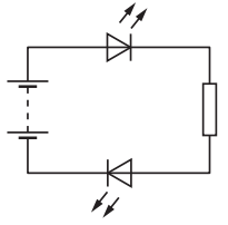 Simple electric circuit diagram showing a battery, two LEDs facing opposite directions, and a resistor connected in a loop.
