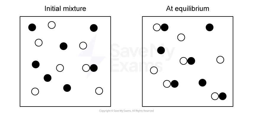 Particulate diagram showing an initial mixture containing 6A, 6B, and 1AB particle, and the mixture at equilibrium containing 3A, 3B, and 4AB particles.