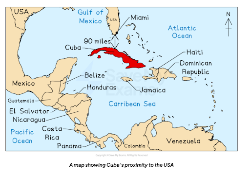 Map illustrating Cuba's location in the Caribbean, highlighting its proximity to the USA, with nearby countries and bodies of water labelled.