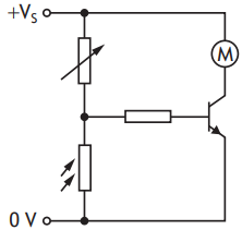 Electronic circuit diagram showing a motor, variable resistor, fixed resistor, and a voltage source with connections to positive and ground terminals.