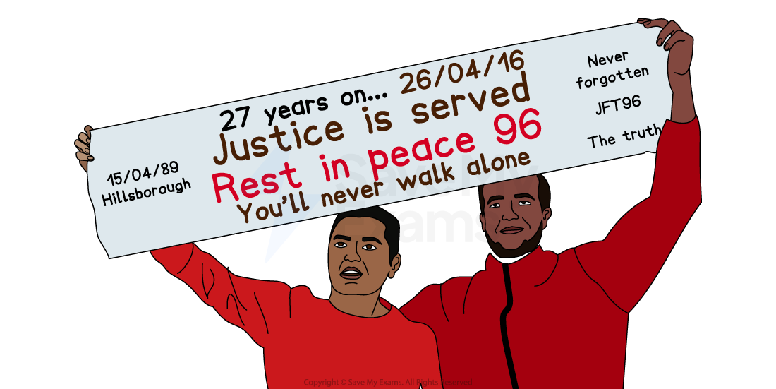 Two people hold a banner commemorating the Hillsborough disaster, stating "Justice is served. Rest in peace 96. You'll never walk alone."